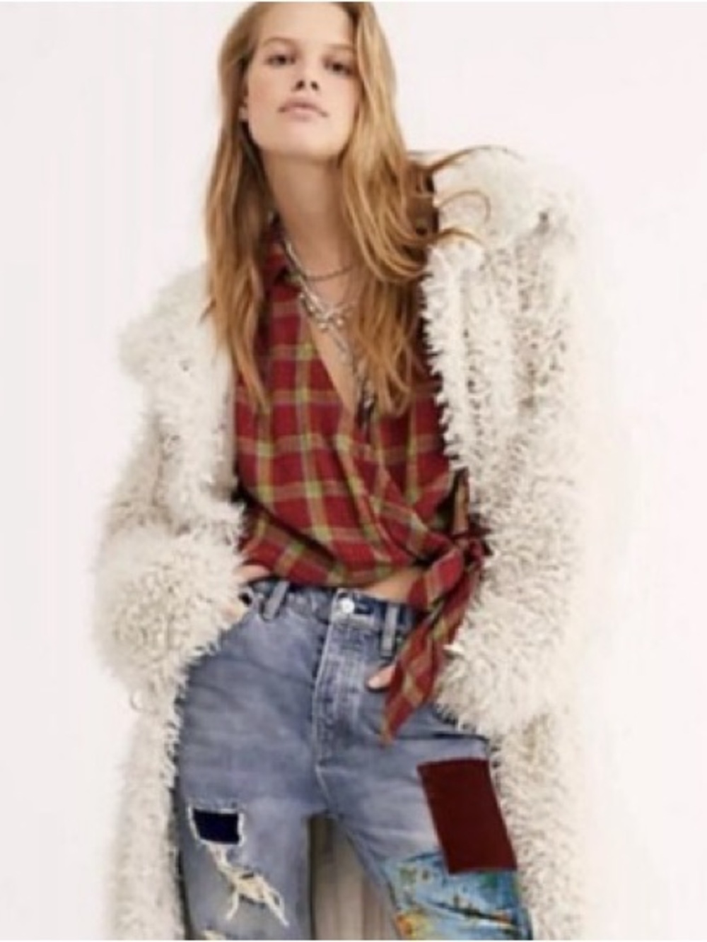We The Free Red Plaid Wrap Crop Blouse